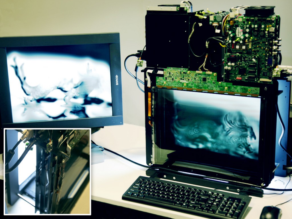 We construct an optically-efficient polarization field display by covering a stack of liquid crystal panels with crossed linear polarizers. Each layer functions as a polarization rotator, rather than as a conventional optical attenuator.