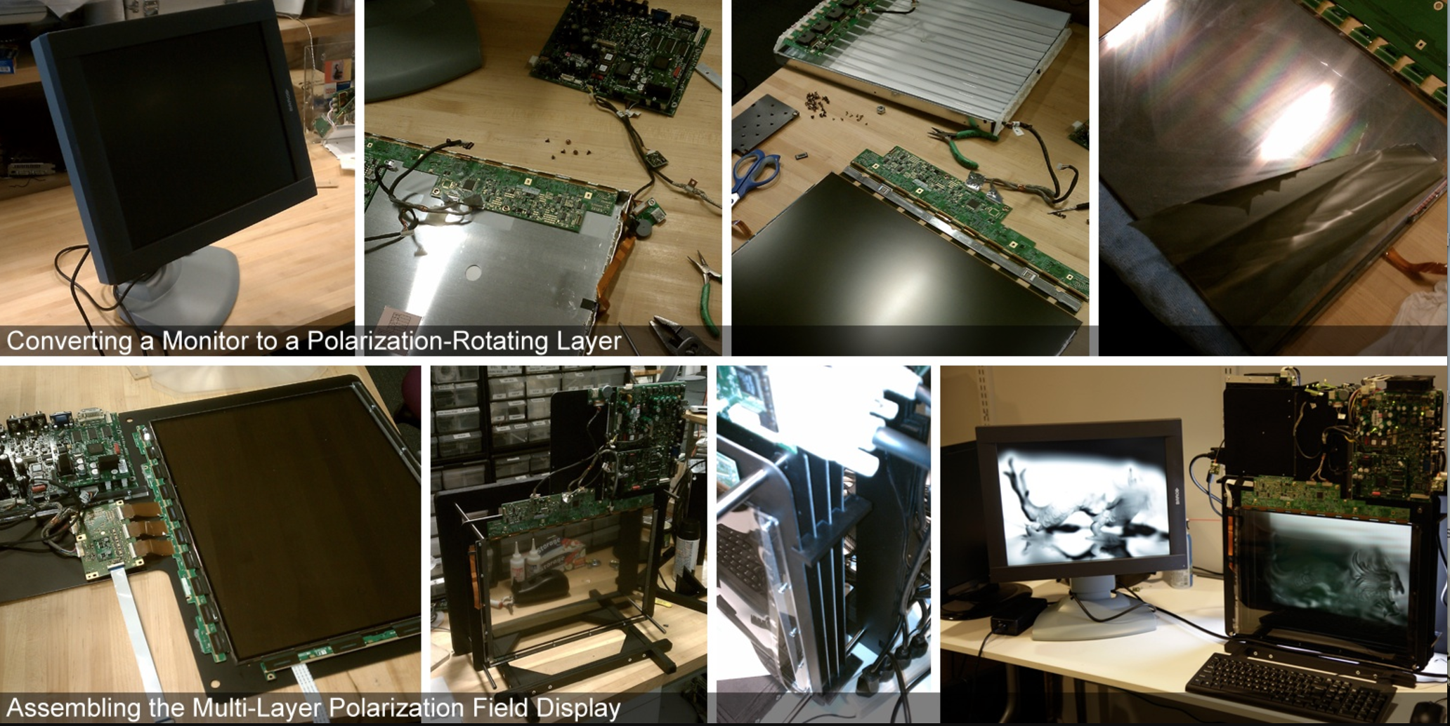 Constructing the polarization field display prototype. Four monochromatic, off-the-shelf medical LCDs were modified to create a single multi-layer LCD. Polarizing films were removed and electronics repositioned so the panels could be mounted on custom-fabricated frames. The layers are separated by acrylic spacers and illuminated by a uniform backlight.
