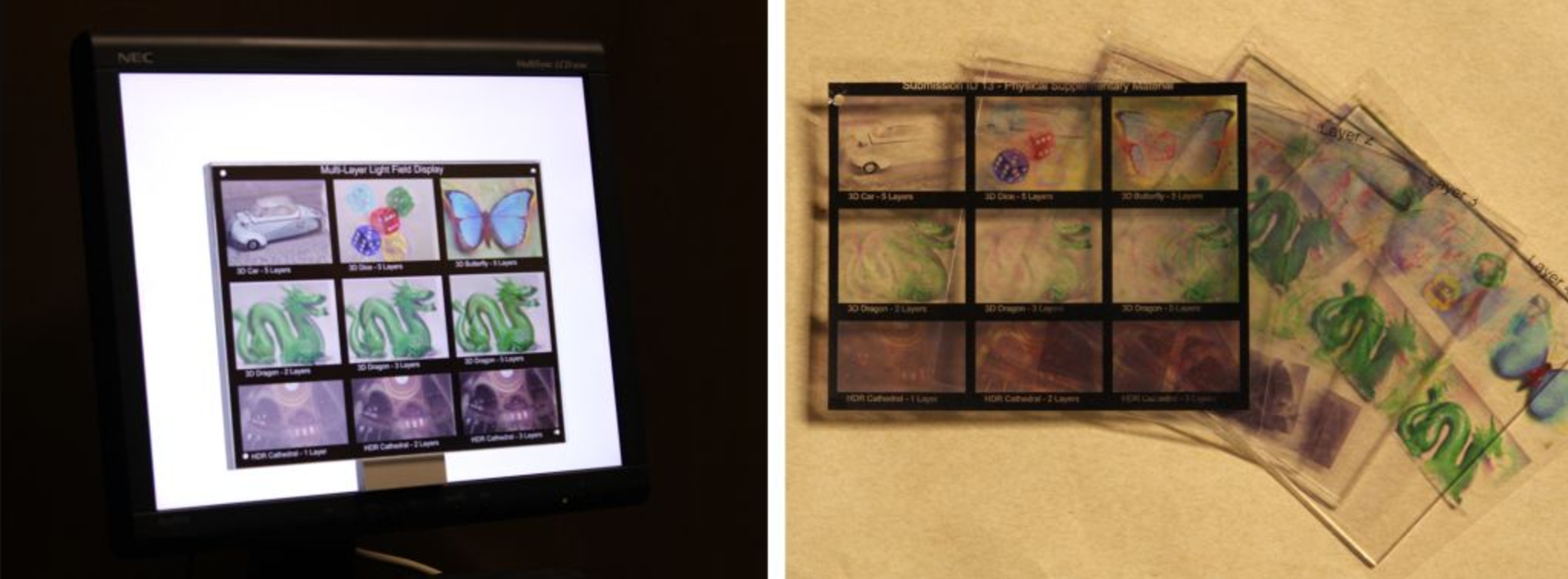 Prototype multi-layer display. (Left) We fabricate a multi-layer display by separating transparencies with acrylic sheets and back-illuminating with a light box (e.g., an LCD panel). (Right) Printed transparencies and acrylic layers.